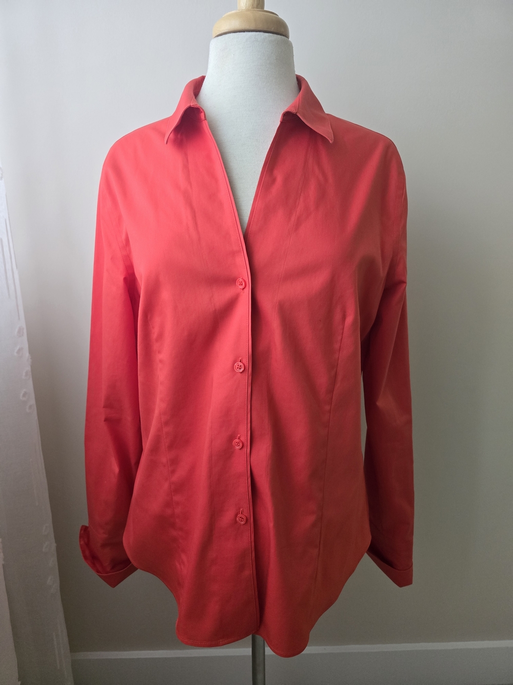 Jones New York Coral-Red Button Front Shirt Non Iron Size 14 Cotton